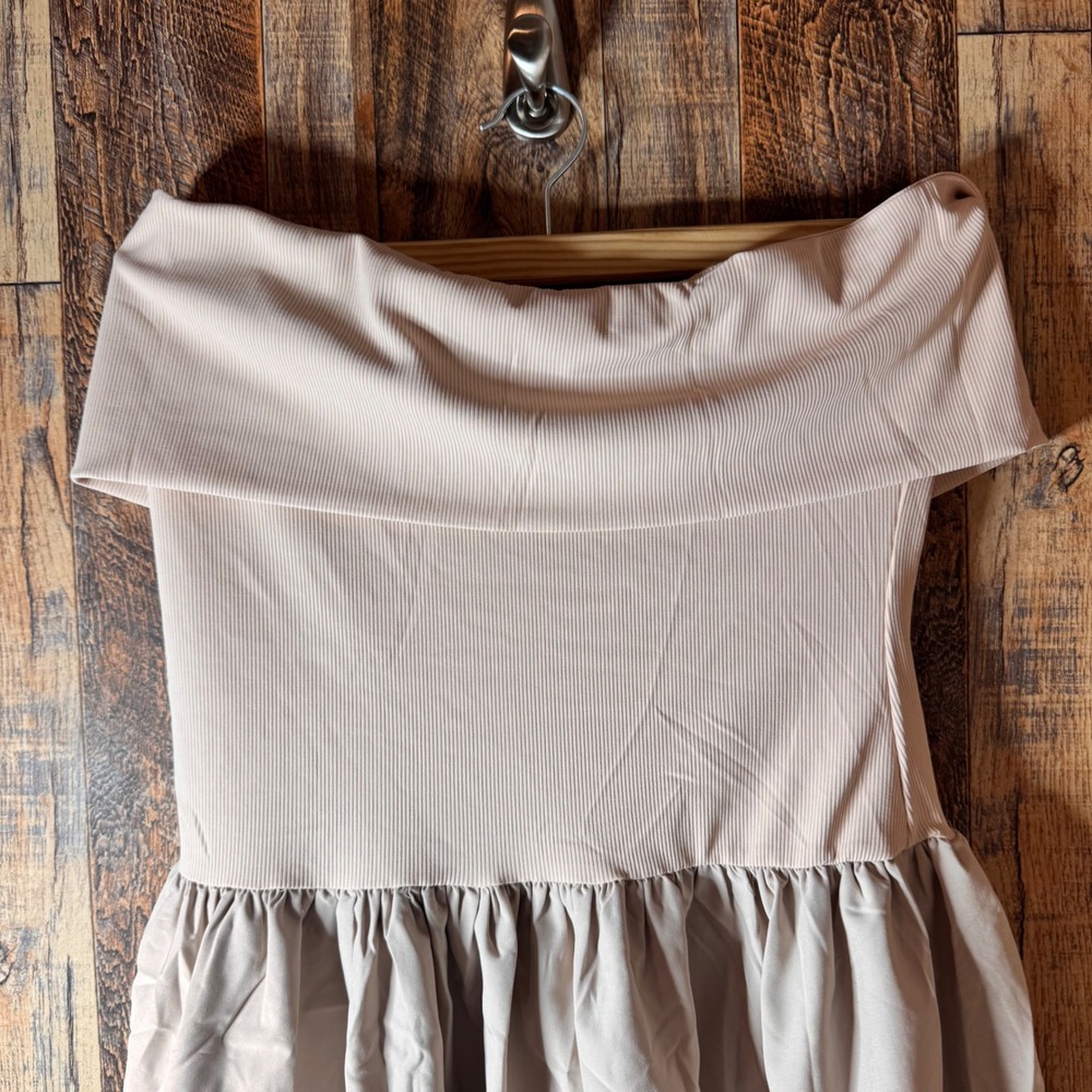 Apricot Beige Off-Shoulder Dress, Ribbed Bodice,‎ Sleeveless Mini Dress, Size M - Picture 2 of 5